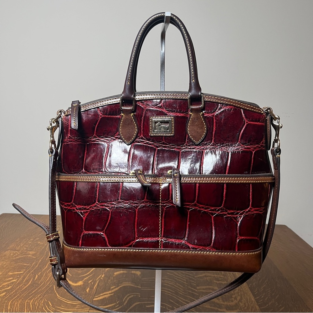 Dooney & Bourke Dillen Burgundy and Brown Croc-Embossed Leather Domed Satchel